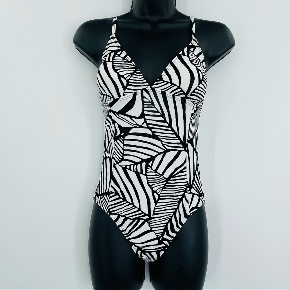 Splendid V neck cross tie back one piece swimsuit black white women's size XS